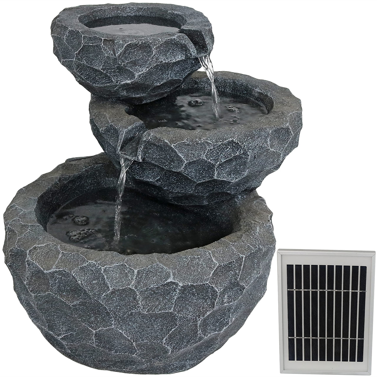 17-Inch 3-Tier Chiseled Basin Solar Fountain with Battery Backup - Submersible Pump