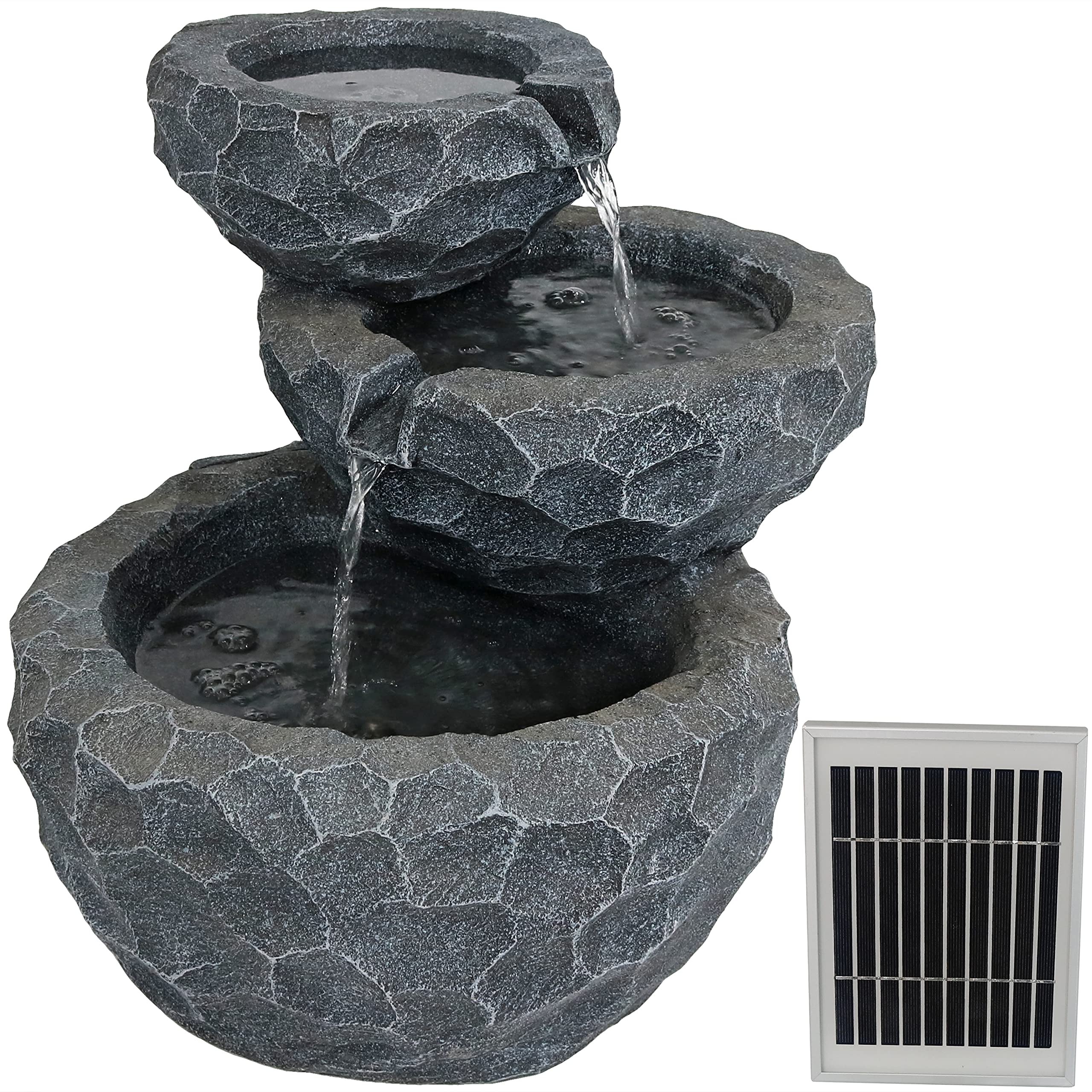 17-Inch 3-Tier Chiseled Basin Solar Fountain with Battery Backup - Submersible Pump