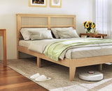 Boho Queen Platform Bed Frame with Rattan Headboard, Mid-Century Modern Bohemian Solid Wood Furniture