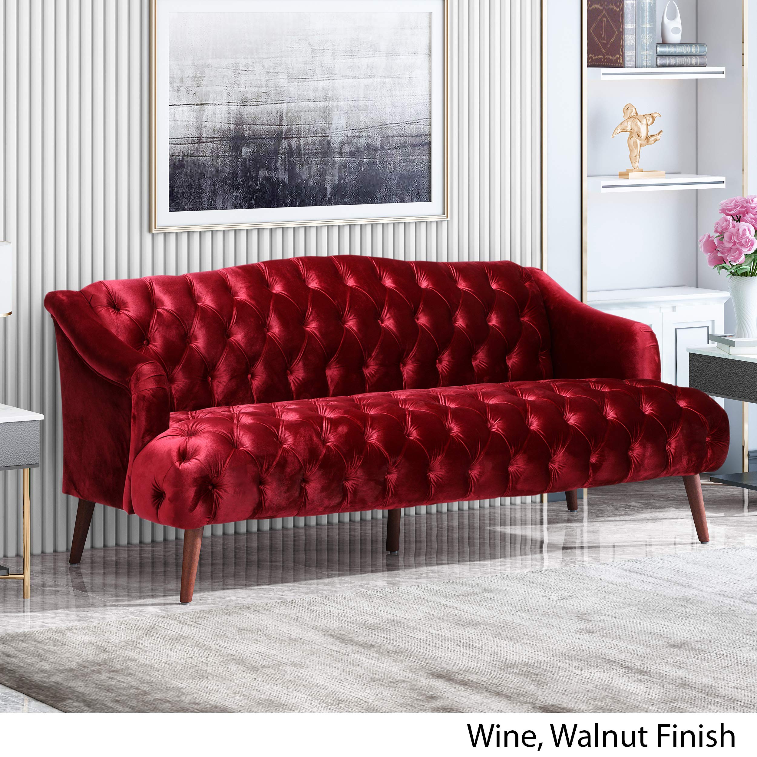 Esther Modern Glam Tufted Velvet 3 Seater Sofa, Wine and Walnut