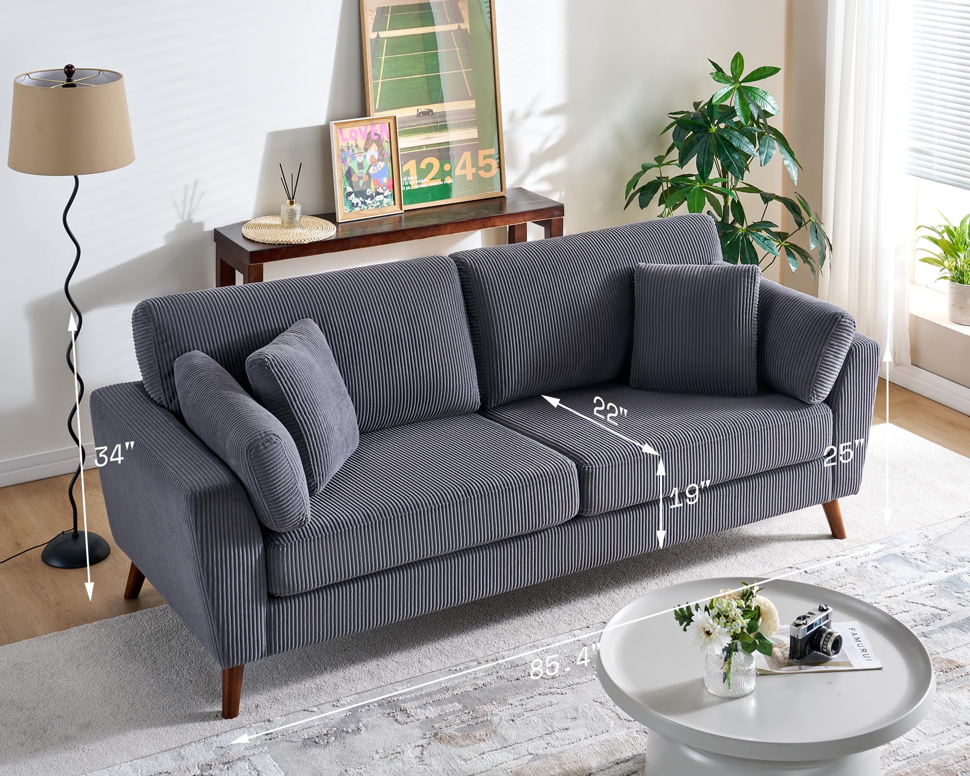 Modern Sofa, 86 inch Sofa Couch with 4 Throw Pillows, 3-Seater Sofa