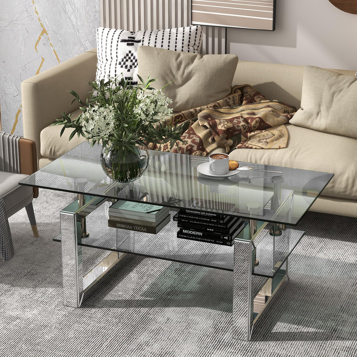 Mirrored Glass Coffee Table, Modern Side Coffee Table with Transparent Tempered Glass