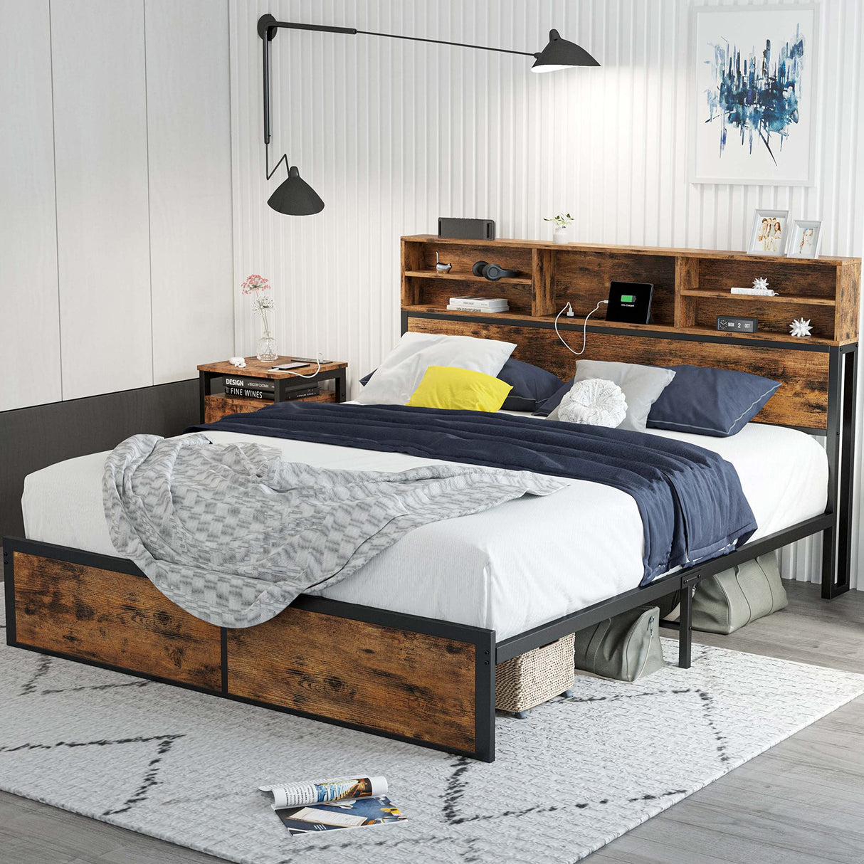 Queen Bed Frame with Tall Bookcase Headboard and Charging Station, Sturdy and No