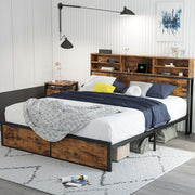 Queen Bed Frame with Tall Bookcase Headboard and Charging Station, Sturdy and No