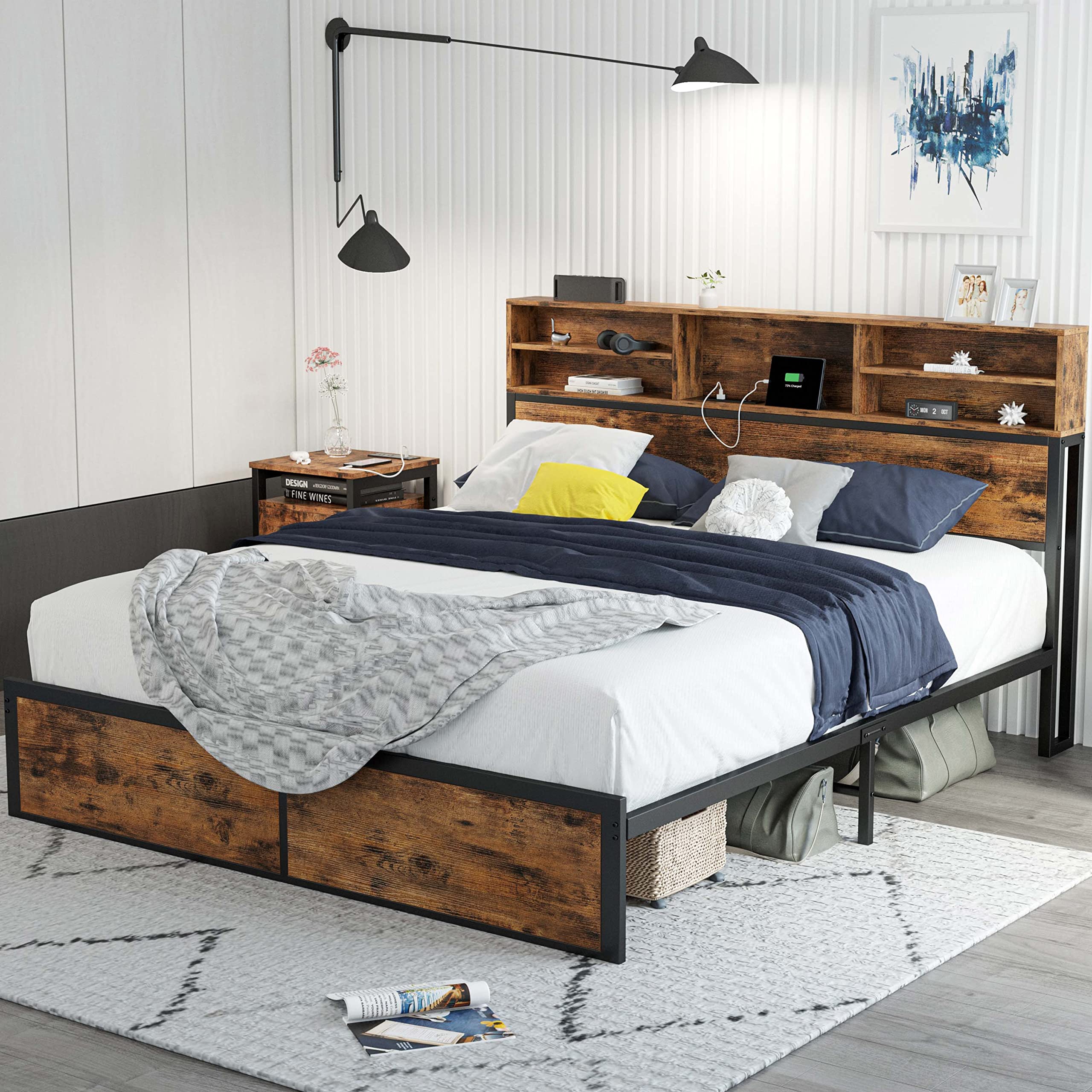 Queen Bed Frame with Tall Bookcase Headboard and Charging Station, Sturdy and No