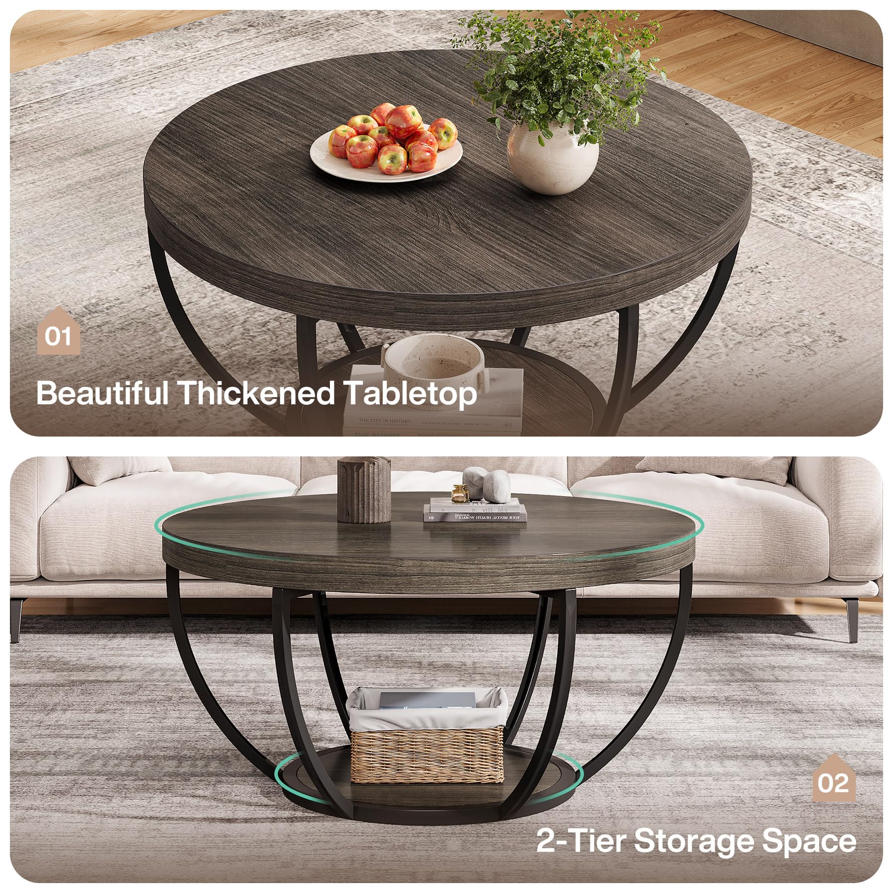 Round Coffee Table, 31.7" Wooden 2-Tier Circle Coffee Table with Storage Shelves