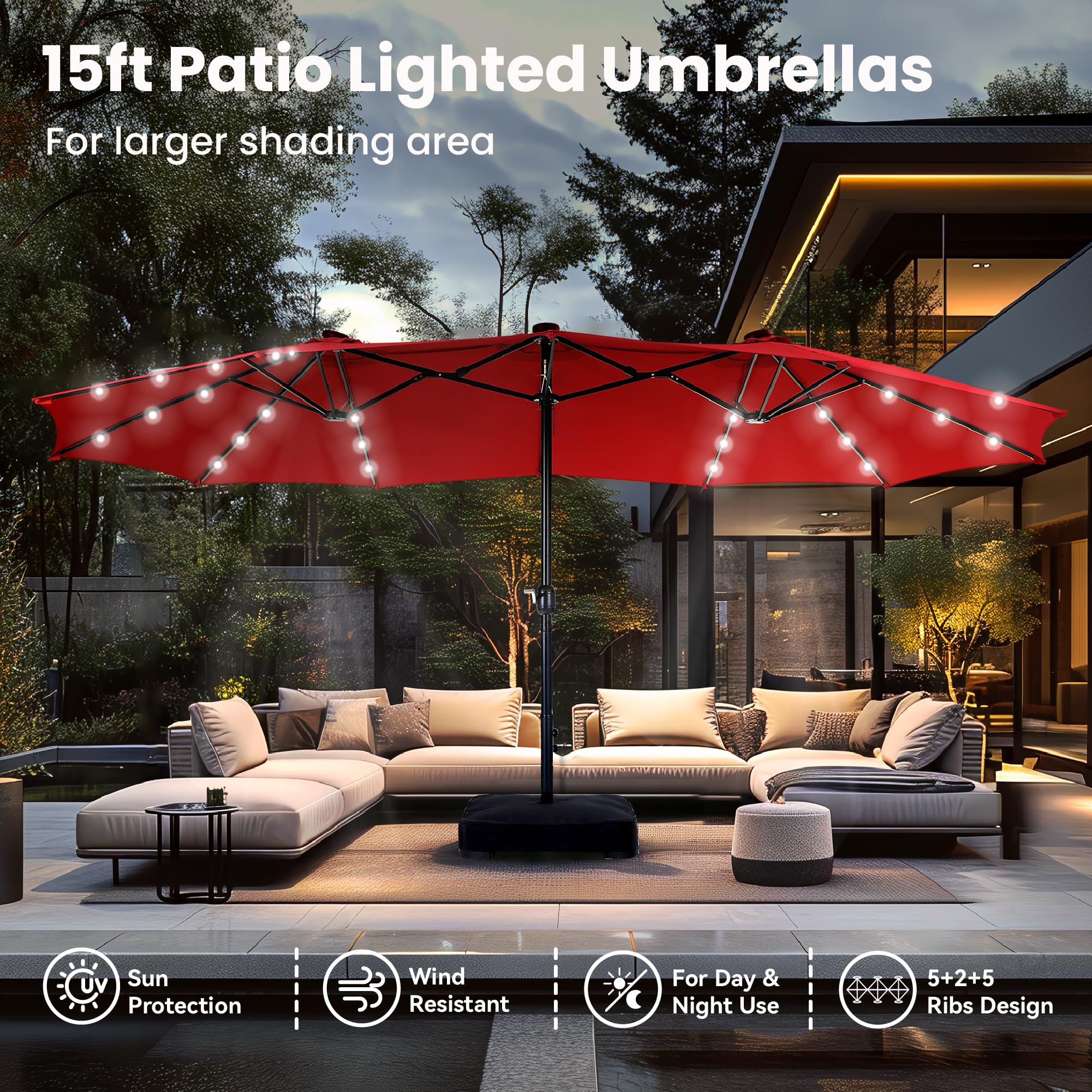 15ft Large Patio Umbrellas with 36 LED Solar Lights, Double-Sided Outdoor Market