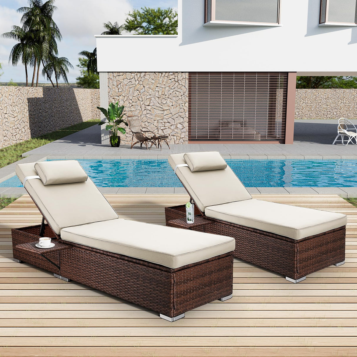 Outdoor PE Wicker Patio Lounge Chairs Set of 2, Outside Rattan Pool Lounge Chair