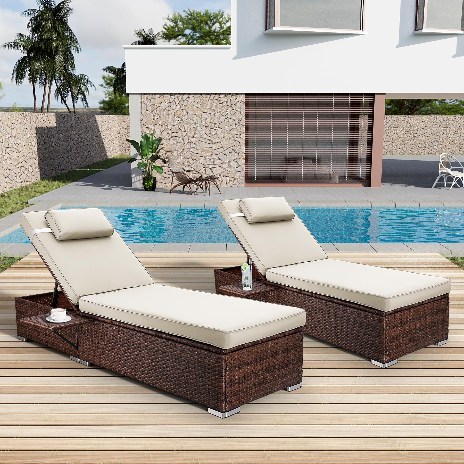 Outdoor PE Wicker Patio Lounge Chairs Set of 2, Outside Rattan Pool Lounge Chair