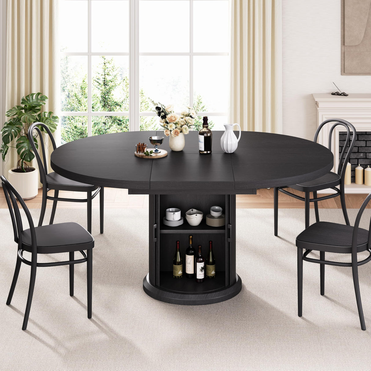 63" Extendable Round Dining Table for 4-6 with Storage Shelf