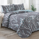 Summer Quilt Sets Queen Grey Blue (96x90 Inch), 3 Pieces Floral Lightweight