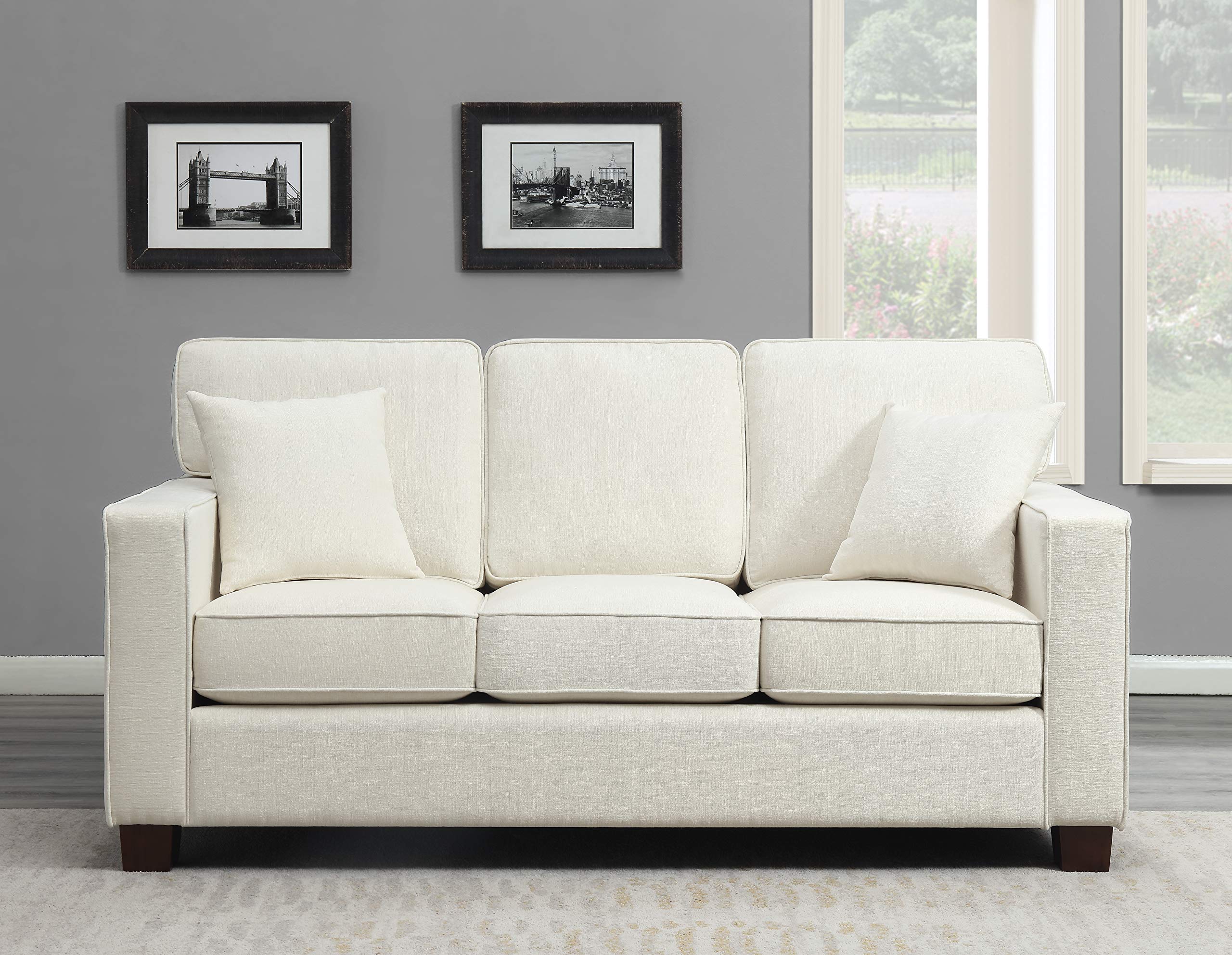 Furnishings Russell 3 Seater Sofa with 2 Pillows and Coffee Finished Legs, Ivory