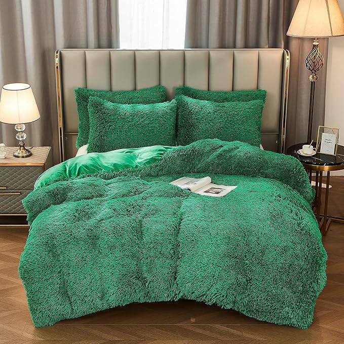 Shaggy Fluffy Faux Fur Duvet Cover Set Button Closure Velvety Bedding Set Comforter