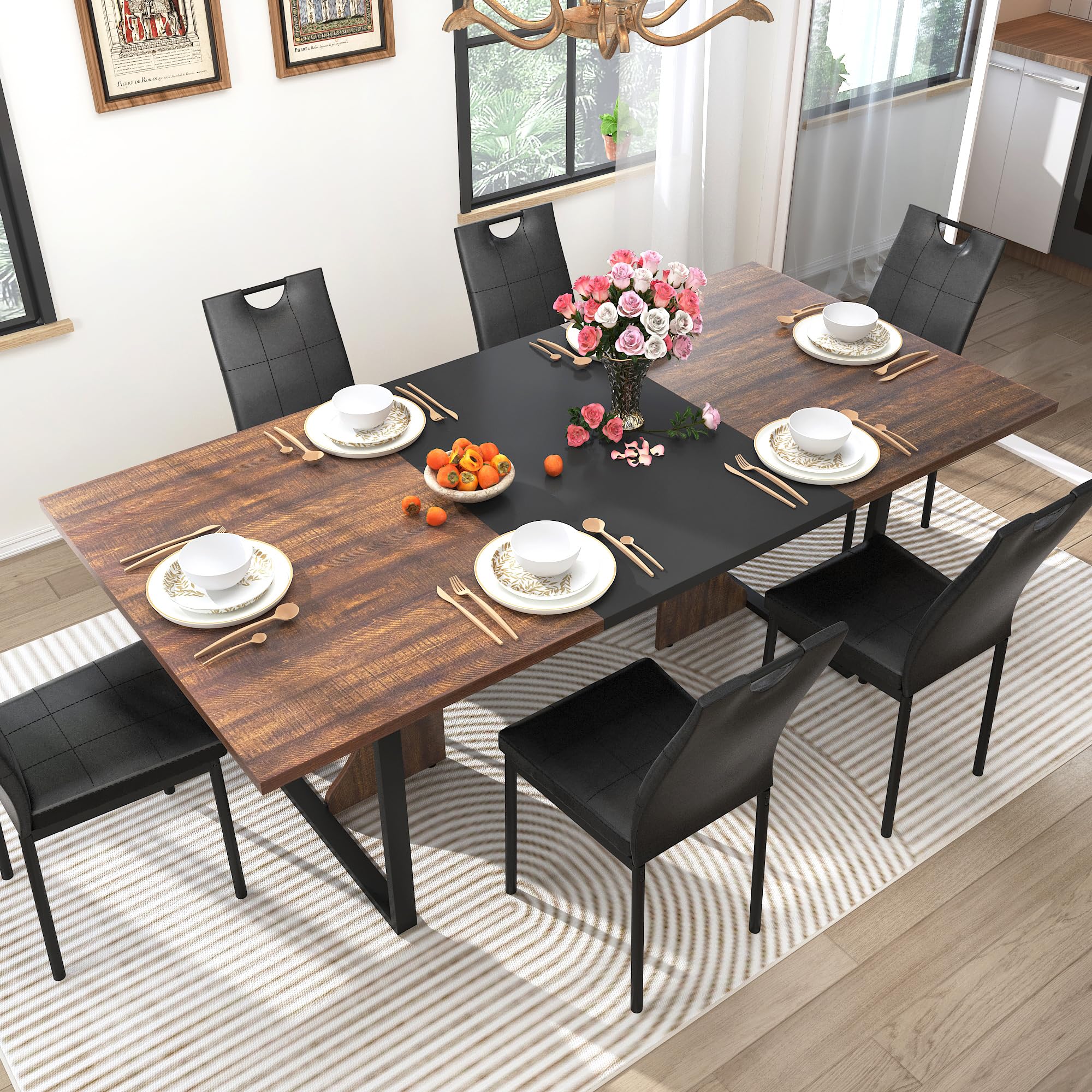 7-Piece Dining Table Set - 71" Wooden Kitchen Table with 6 Chairs