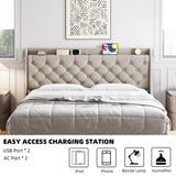 Queen Bed Frame with Charging Station and Wingback Headboard, Button Tufted