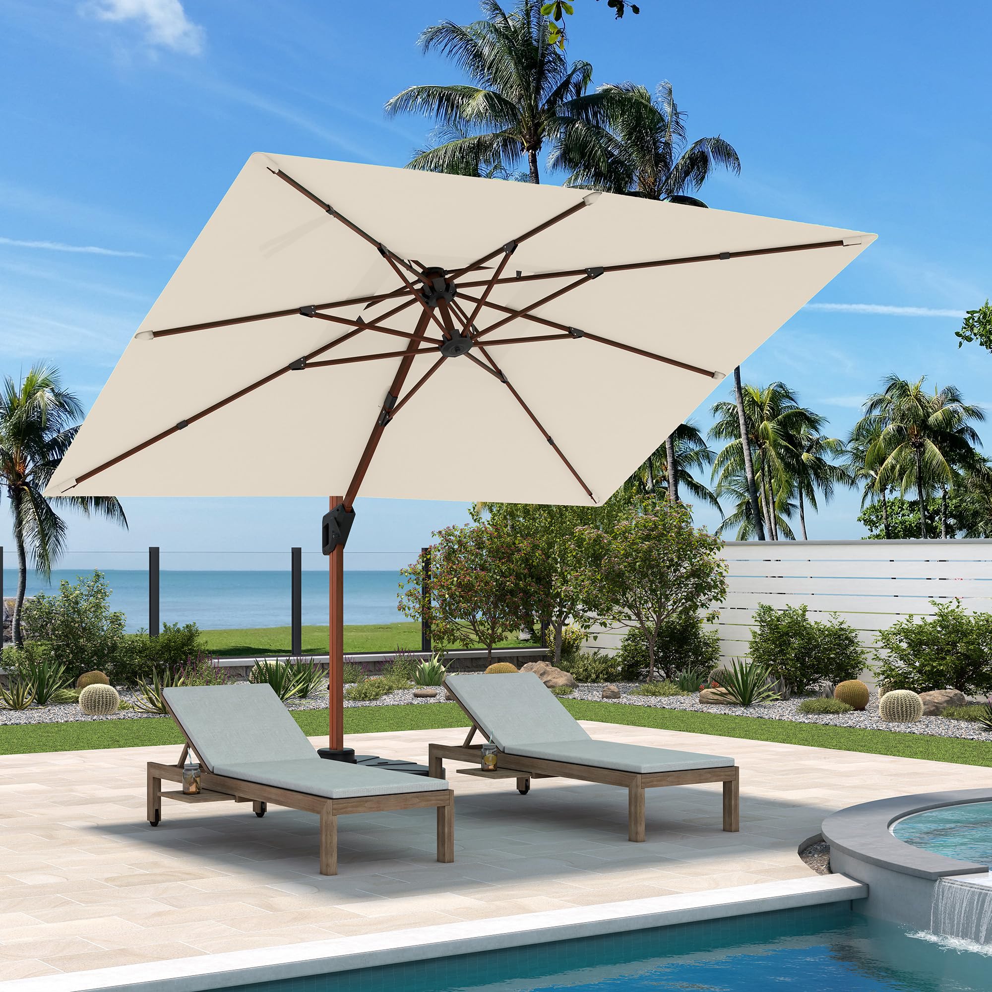 JZAC & QZYD 10 X 13 FT Outdoor Patio Umbrella Deluxe Wood Pattern Cantilever Rectangle Umbrellas with Double Top and 360° Rotation for Pool Deck Backyard Garden, Beige