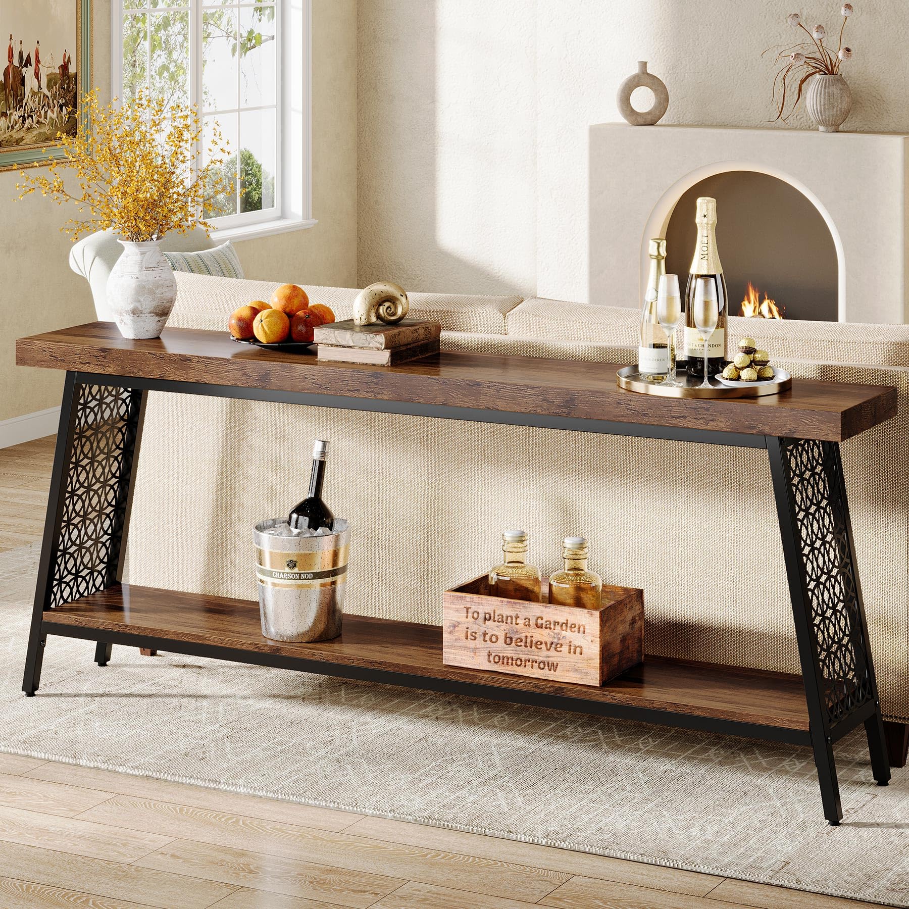 70.9" Console Table, 2-Tier Extra Long Sofa Table, Industrial Entryway Table Behind Couch