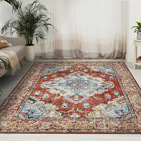 Boho Area Rug 5 x 7 Vintage Oriental Rug Washable Non-Slip Indoor Throw