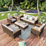 9 Piece Wicker Patio Furniture Set, 2 x Single Chair, 2 x Ottoman