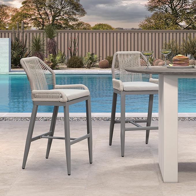 Patio Bar Stool Bar Height Set of 2 Outdoor Rattan Chairs with Back Modern Aluminum Woven Barstools