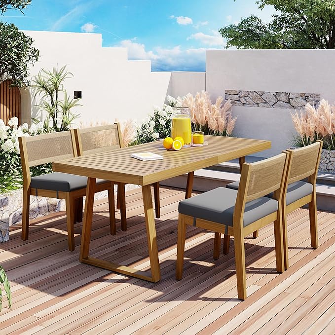 Wood Outdoor Dining Table Set for 4,All Weather Patio Chairs with Soft Cushions and Jute Rope Knitted Back