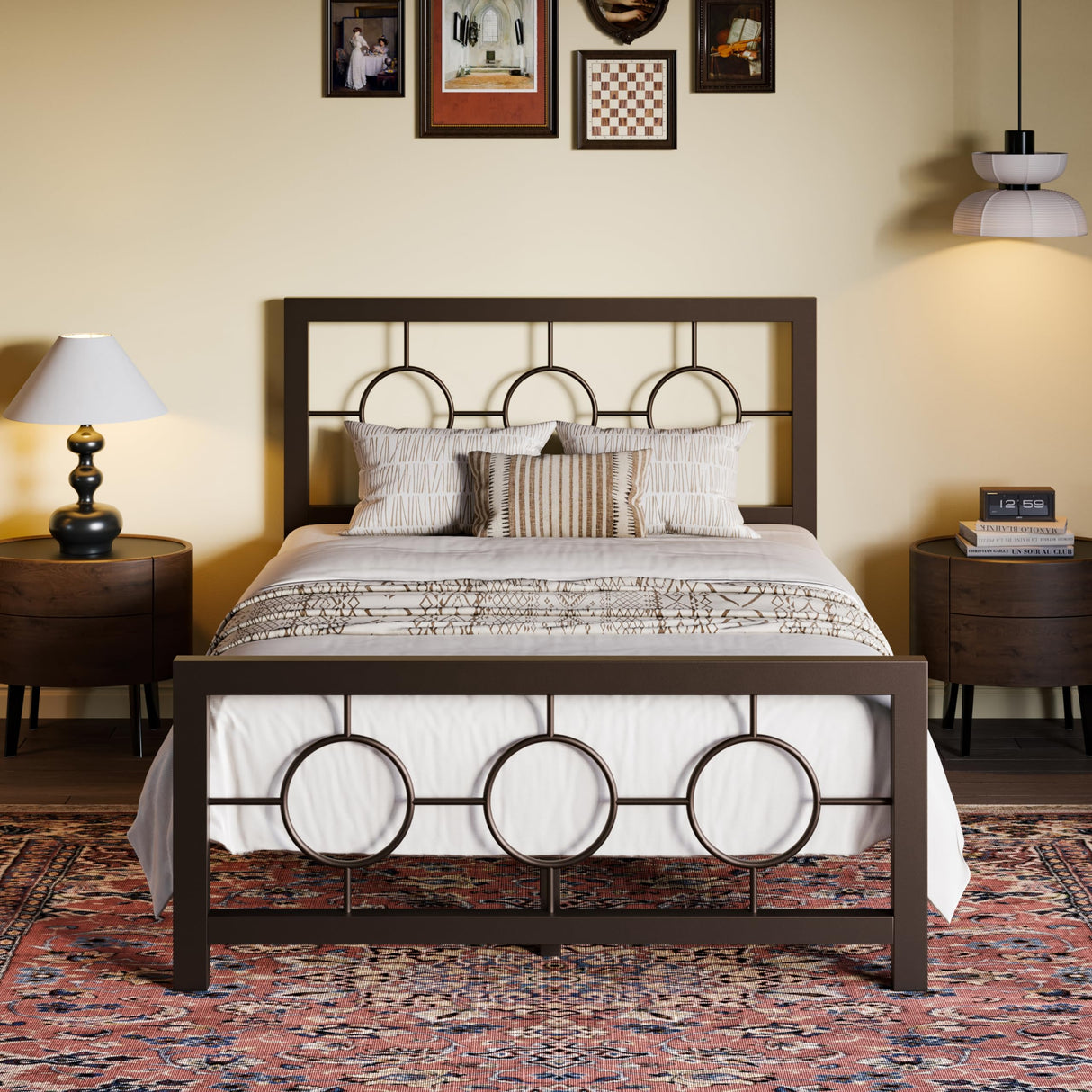 Twin Metal Bed Frame with Vintage Circular Design Headboard and Footboard, No Box