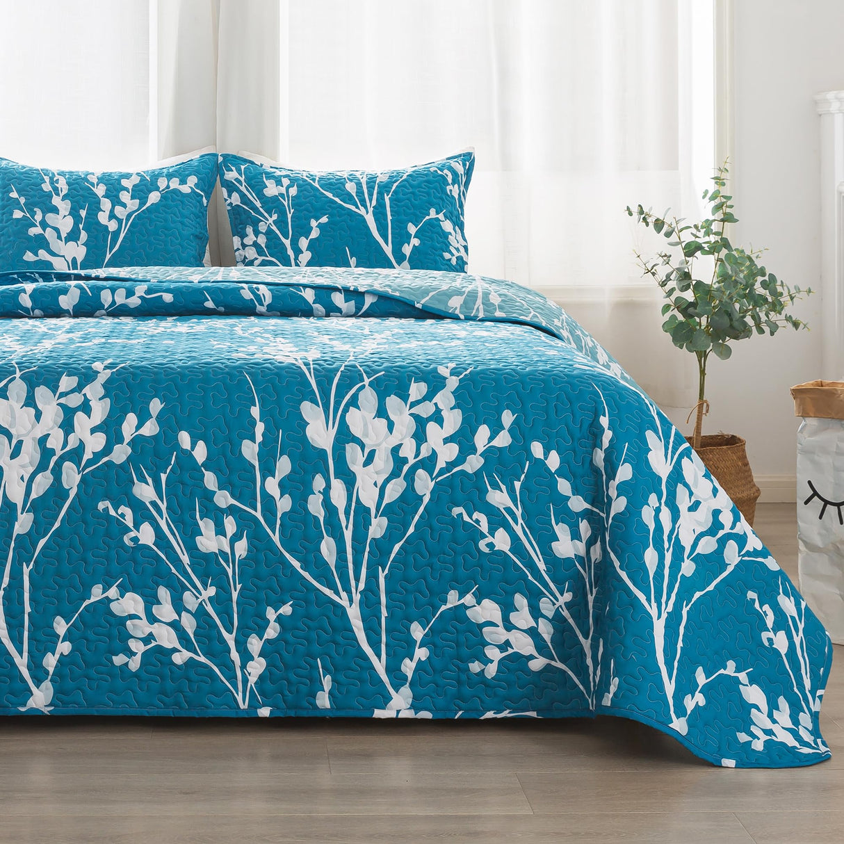 Teal Blue Quilt Queen Size (96x90 Inch), 3 Pieces Fall Floral Lightweight Bedspread