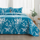Teal Blue Quilt Queen Size (96x90 Inch), 3 Pieces Fall Floral Lightweight Bedspread