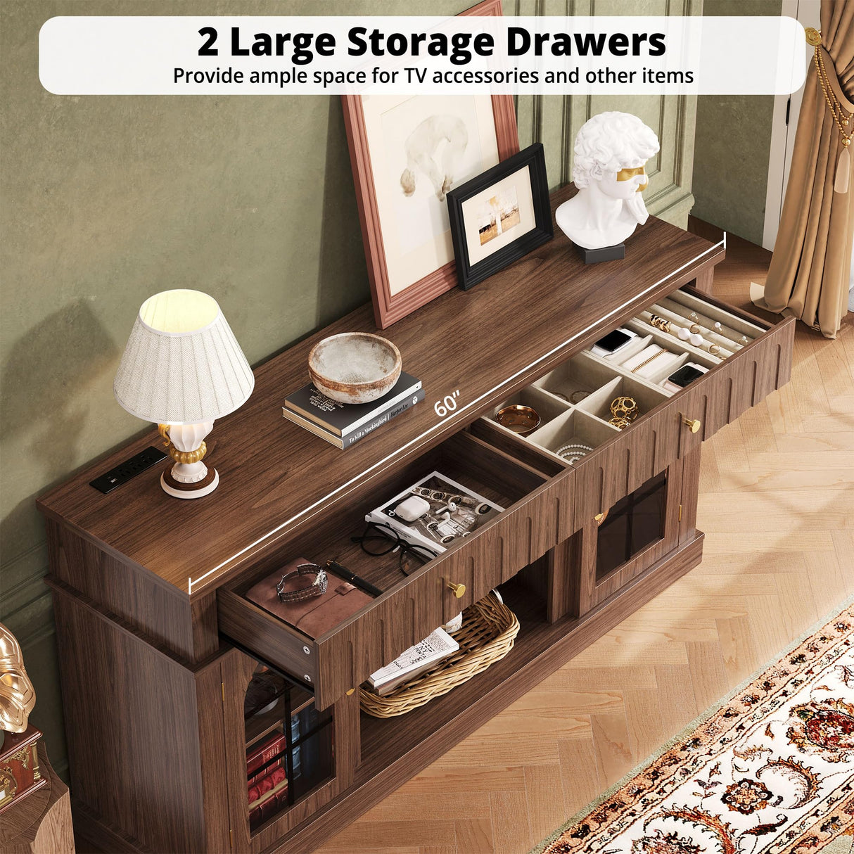 Mid-Century Modern TV Stand with Charging Station - 65 Inch Entertainment Center