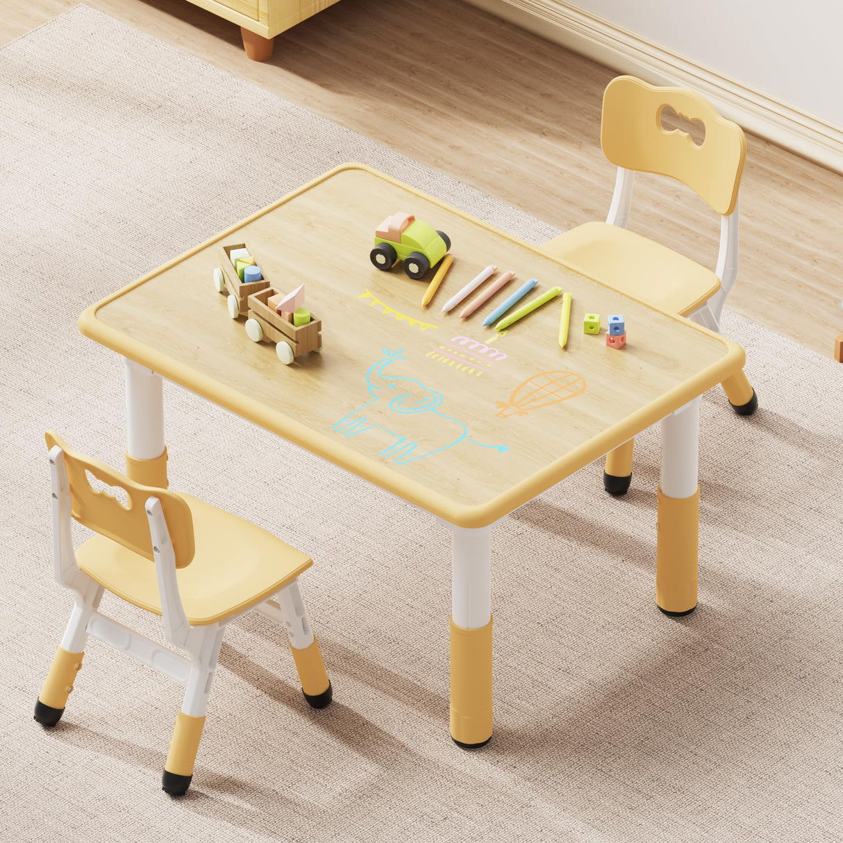 Kids Table and 2 Chairs Set, Height Adjustable Toddler Table and Chair Set, Graffiti Desktop