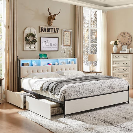 King Bed Frame with Storage Upholstered Headboard and 4 Drawers, Farmhouse Metal