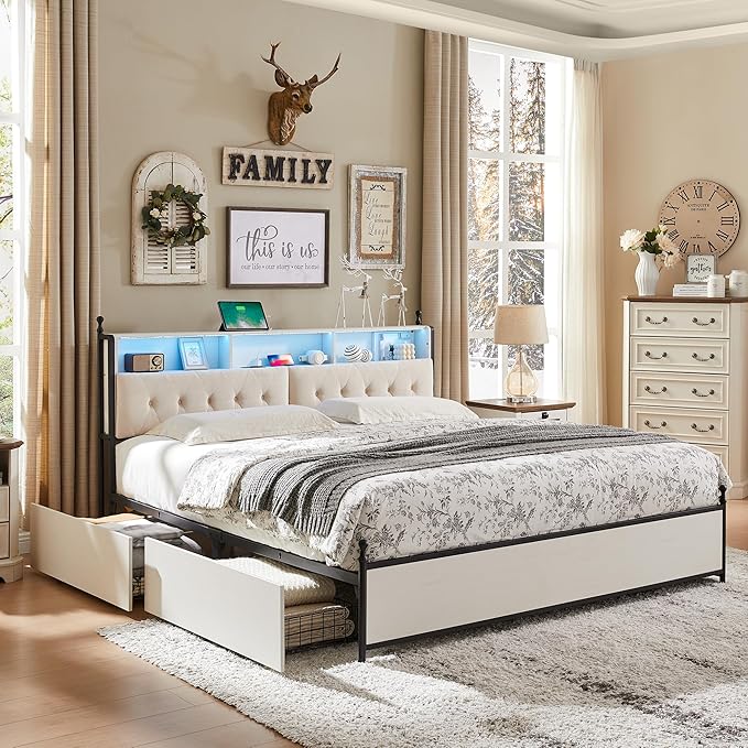 King Bed Frame with Storage Upholstered Headboard and 4 Drawers, Farmhouse Metal