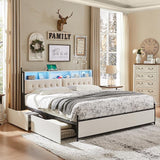 King Bed Frame with Storage Upholstered Headboard and 4 Drawers, Farmhouse Metal