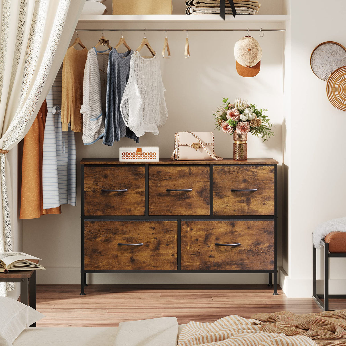 Dresser for Bedroom with 5 Drawers, Long Fabric Dresser