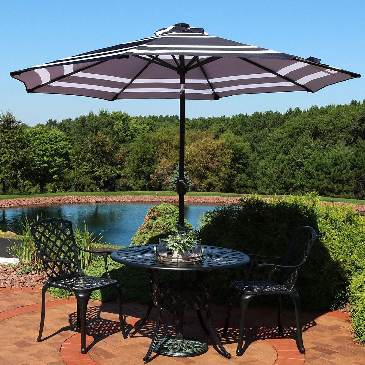 9 ft Striped Patio Umbrella with Solar Lights - Polyester LED Table Market Umbrella