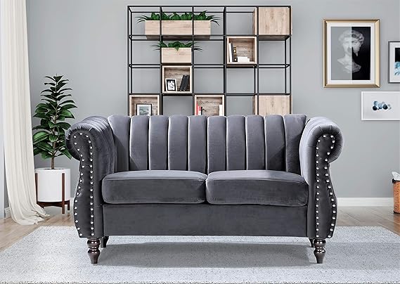 Container Furniture Direct Quinones Modern Chesterfield Channel Tufted Sofa with Nailhead Accents, 76.4", Grey