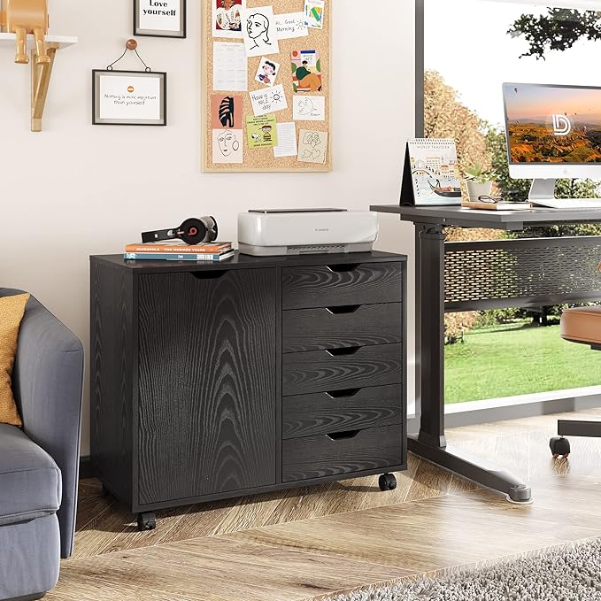 5-Drawer Wood Dresser Chest with Door, Mobile Storage Cabinet, Printer Stand