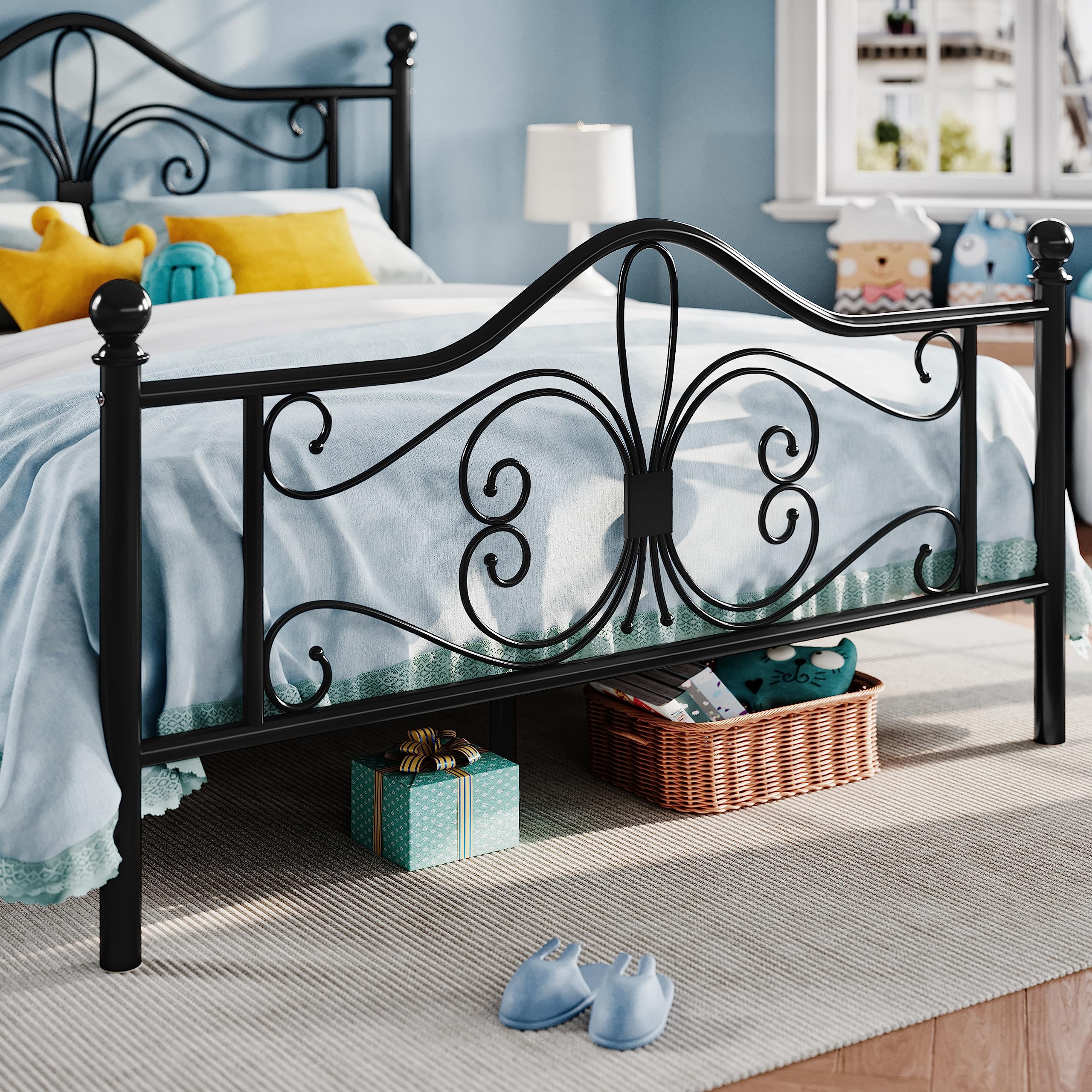 SHA CERLIN Queen Size Bed Frame and Headboard,Metal Bed Frame with Butterfly Pattern Design Headboard & Footboard,No Box Spring Needed,Easy Assembly,Black