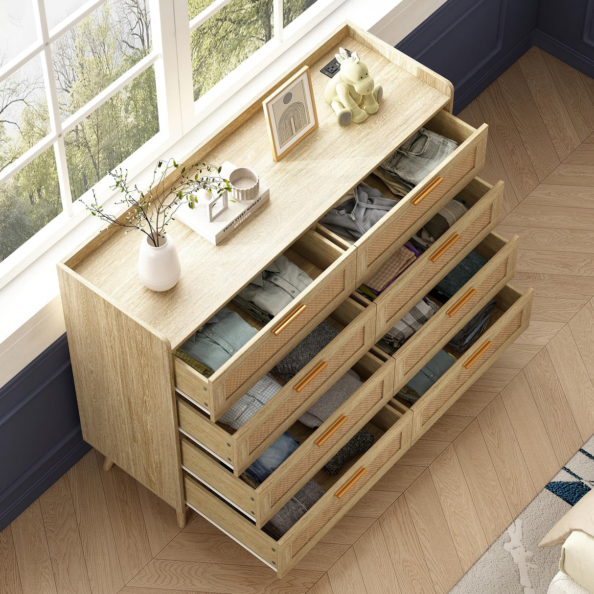 Rattan Dresser for Bedroom, 8 Drawer Dresser with Charging Station, Wide Desktop Dresser Chest of Drawers