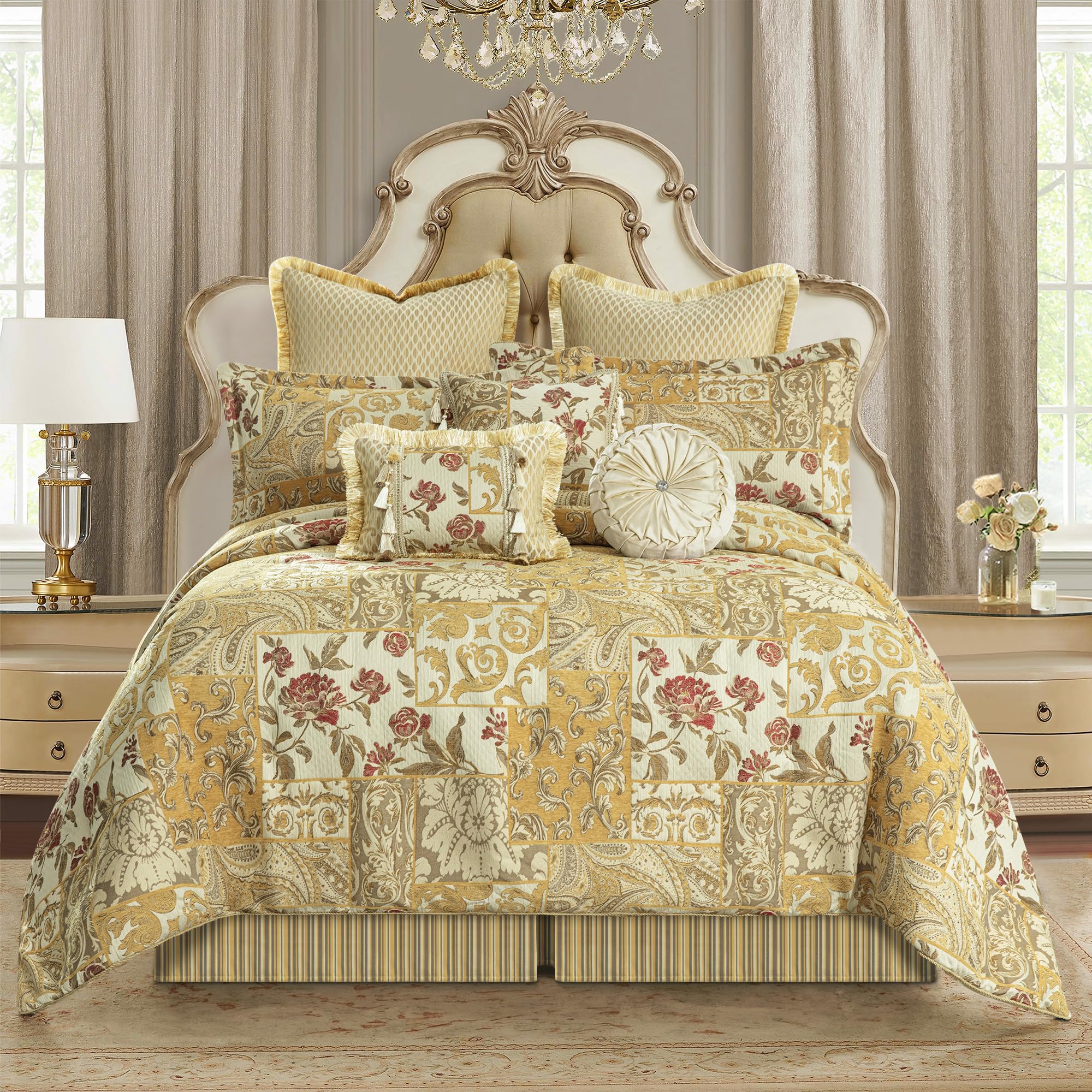 Comforter Set Patchwork Design, Jacquard Floral Comforter Set Queen Size, Luxury