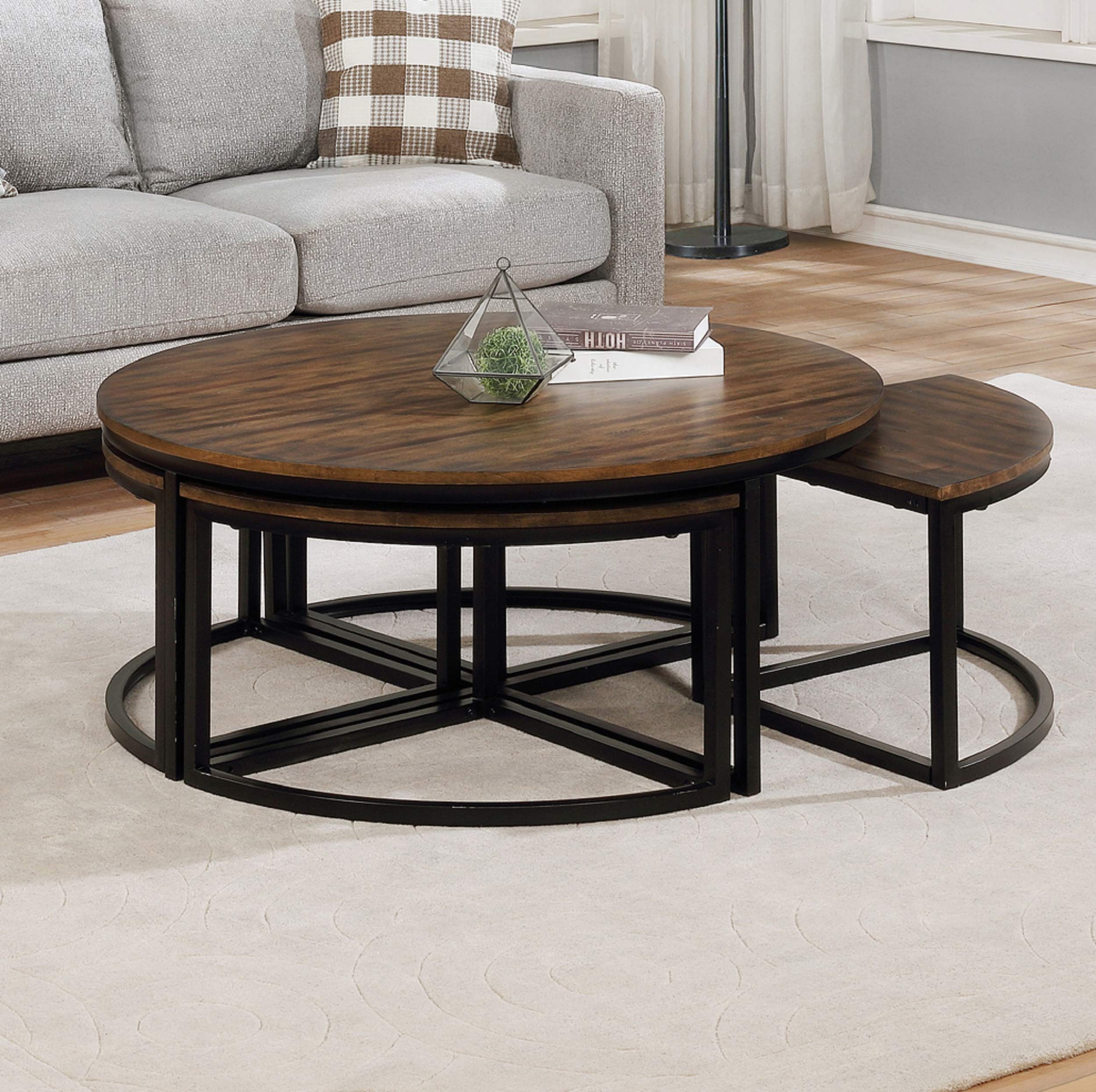 Arcadia Acacia Wood 42-Inch Round Coffee Table with Nesting Tables