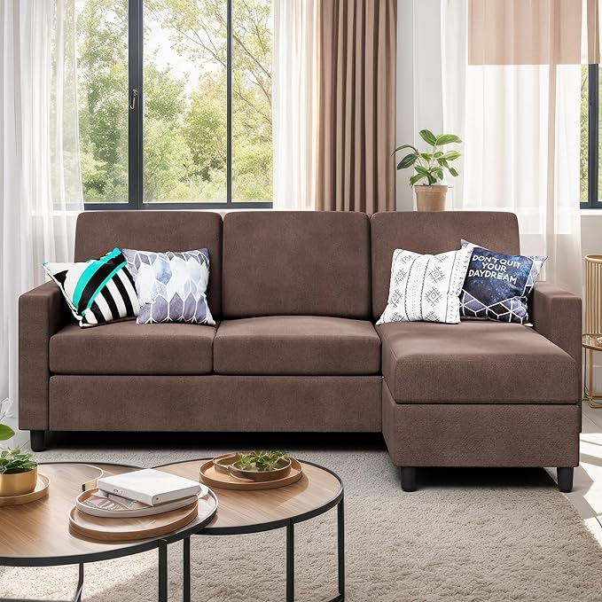 Convertible Sectional Sofa Couch, Modern Linen Fabric L-Shaped Couch 3-Seat Sofa