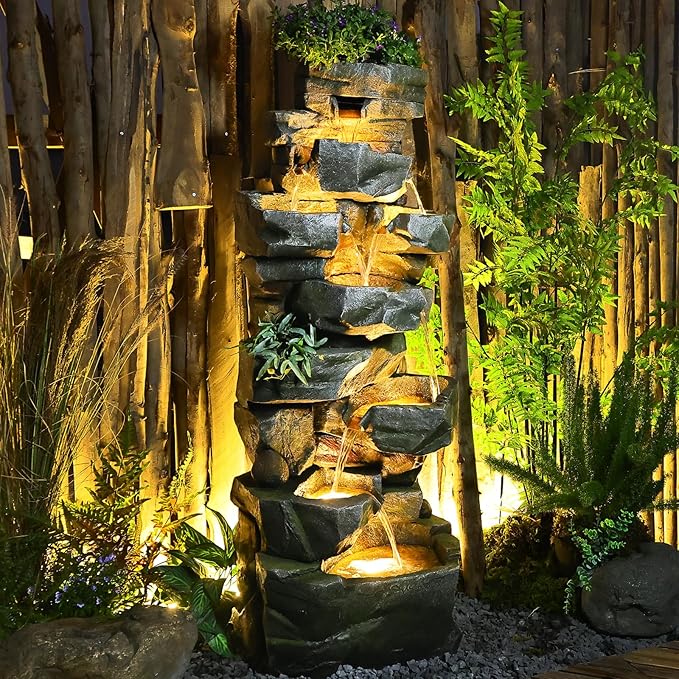 Wood Waterfall Fountain Outdoor 5 Tiers Large Cascading Rock Waterfall Outdoor
