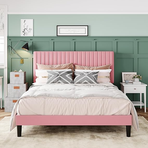 Queen Bed Frame, Velvet Upholstered Platform Bed