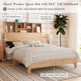 -Century Fluted Panel Queen Bed Frame with 55.5" Tall Storage Headboard and Charging