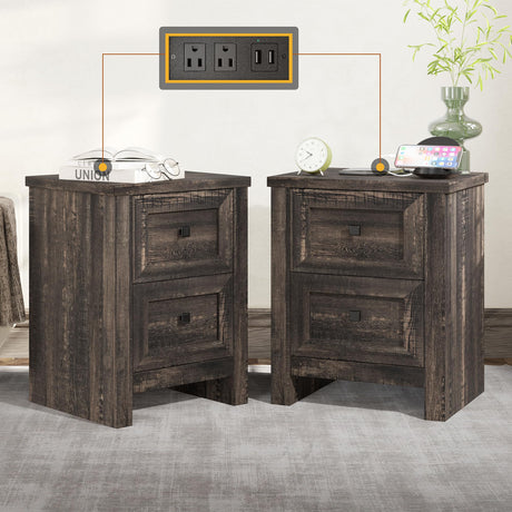 Nightstand Set of 2 with Charging Station, Rustic Bedside Table with Drawers Storage,