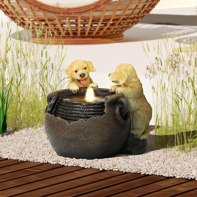 Outdoor Water Fountain, 30 Inch Puppies and Pump Resin Water Fountains Indoor