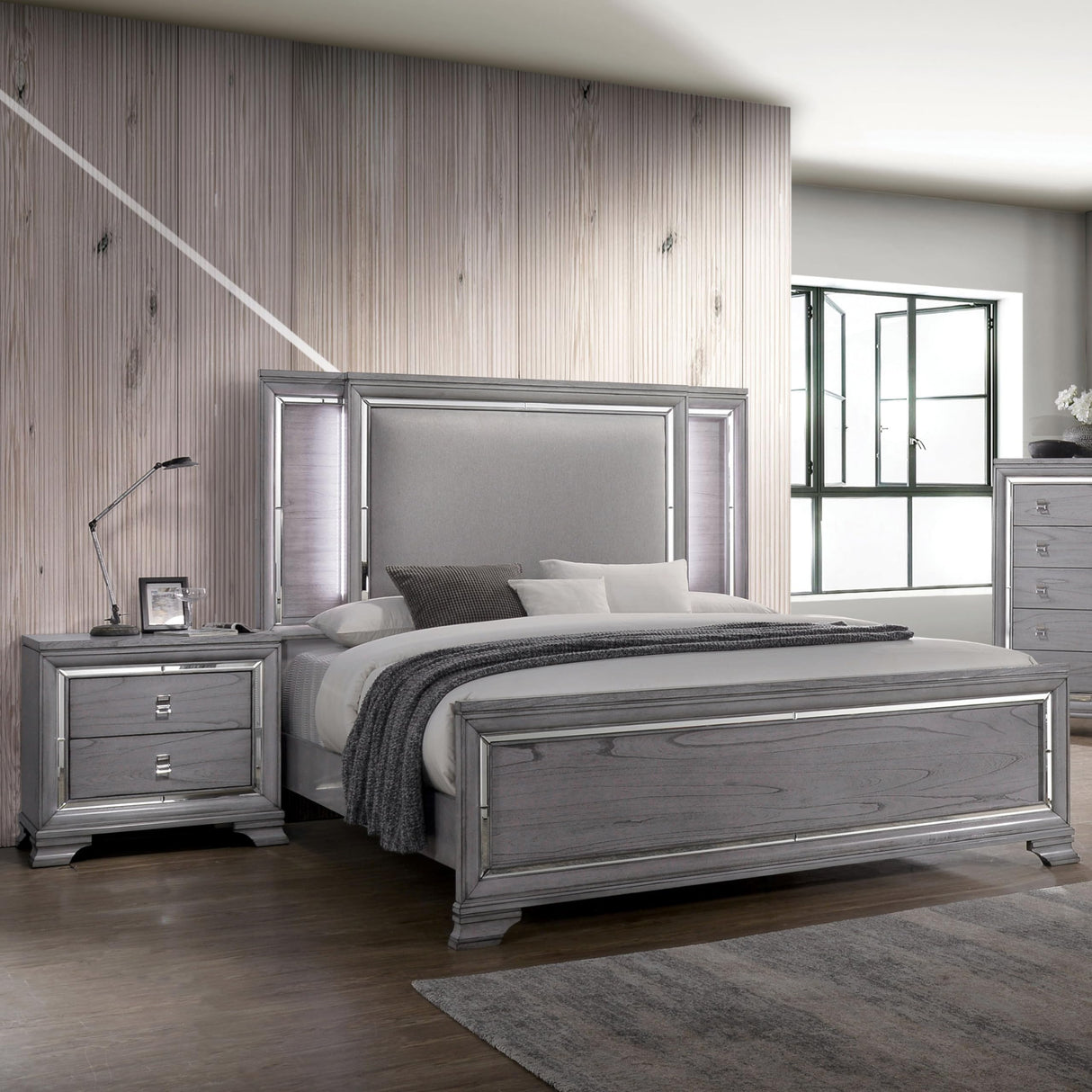 Zenka Solid Wood 2-Piece Bedroom Set, Queen-Size Bed with LED Trim and 2-Drawer