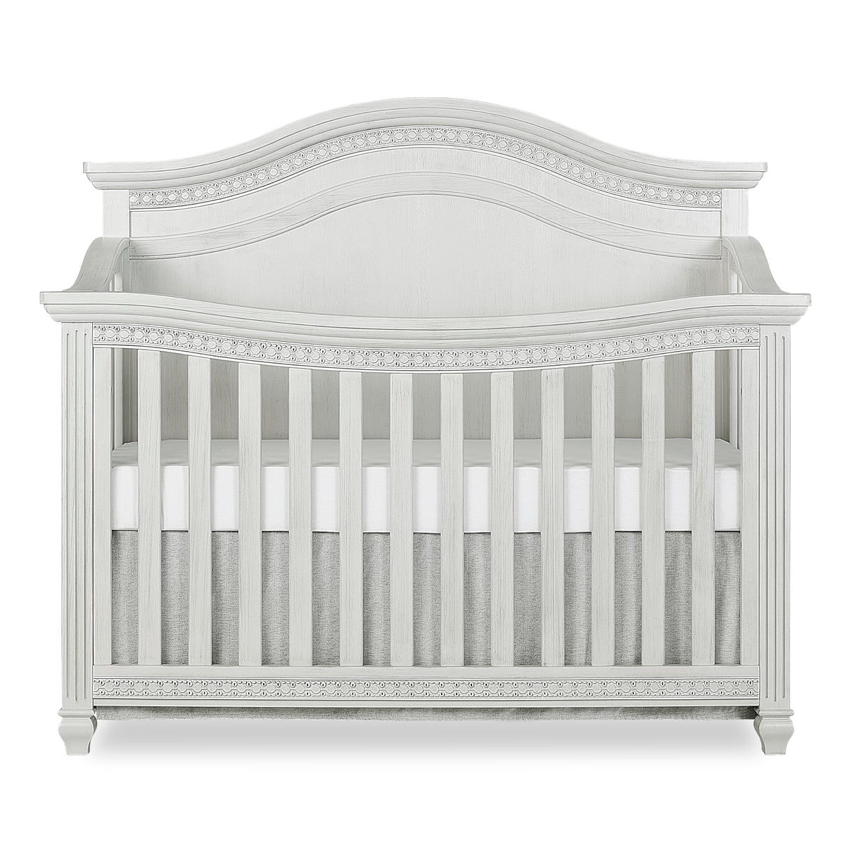 5-In-1 Curved Top Convertible Crib In Antique Grey Mist, Features 3 Mattress Height