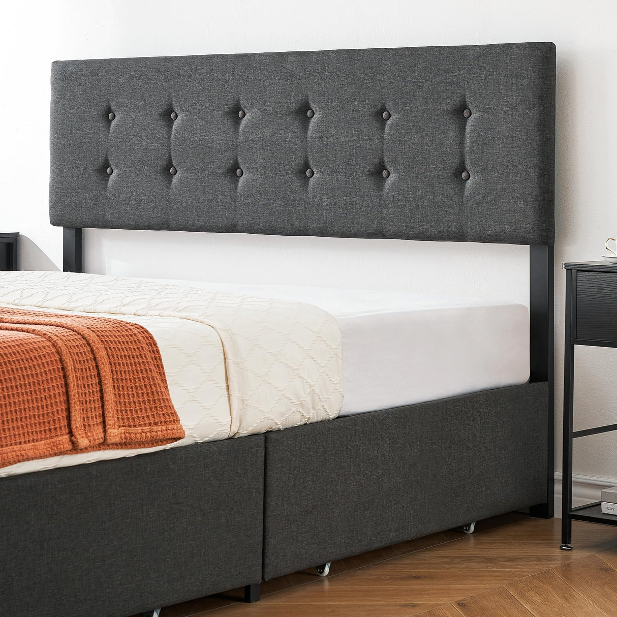 Queen Bed Frame with 4 Storage Drawers, Grey Tufted Design and Adjustable Headboard